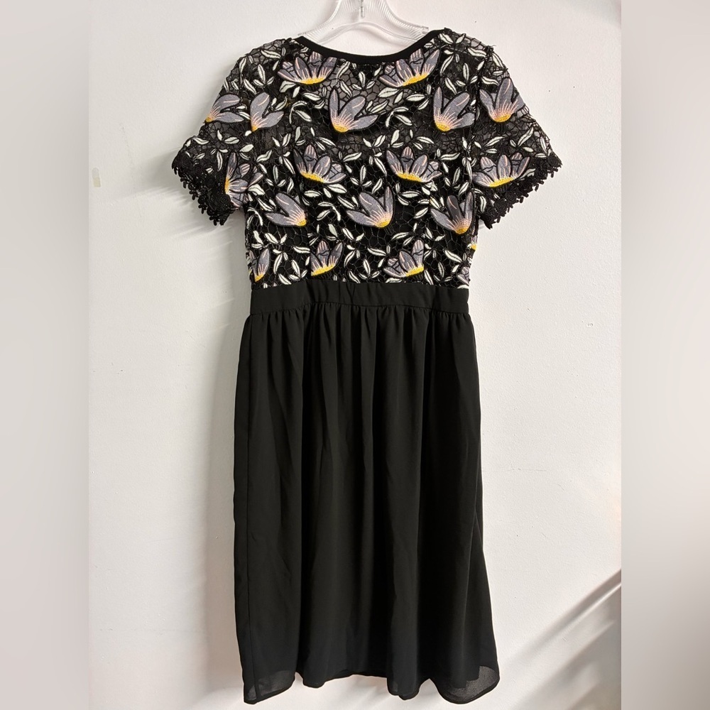 Women’s Lace Bodice Midi Dress, Large, Black/Gray, Floral, Short Sleeves